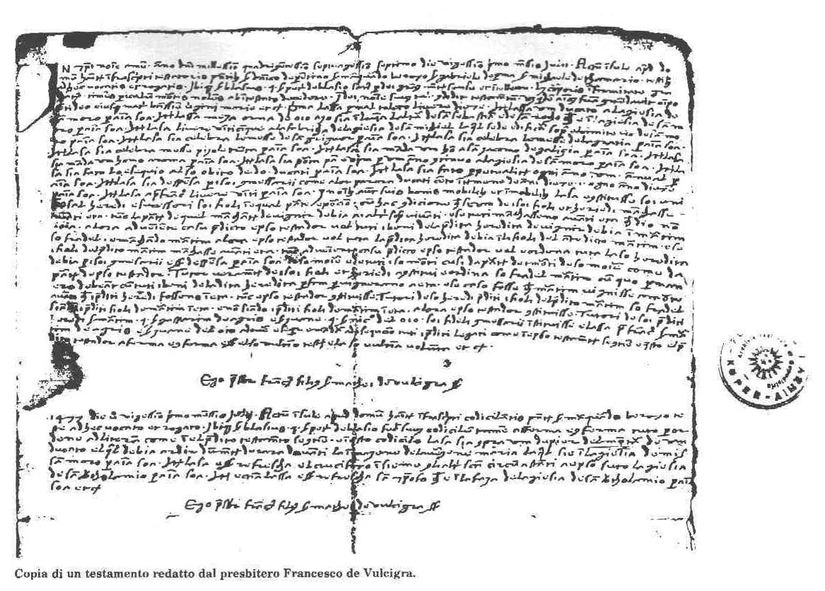 testamento redatto dal presibitero Francesco de Vulcigra