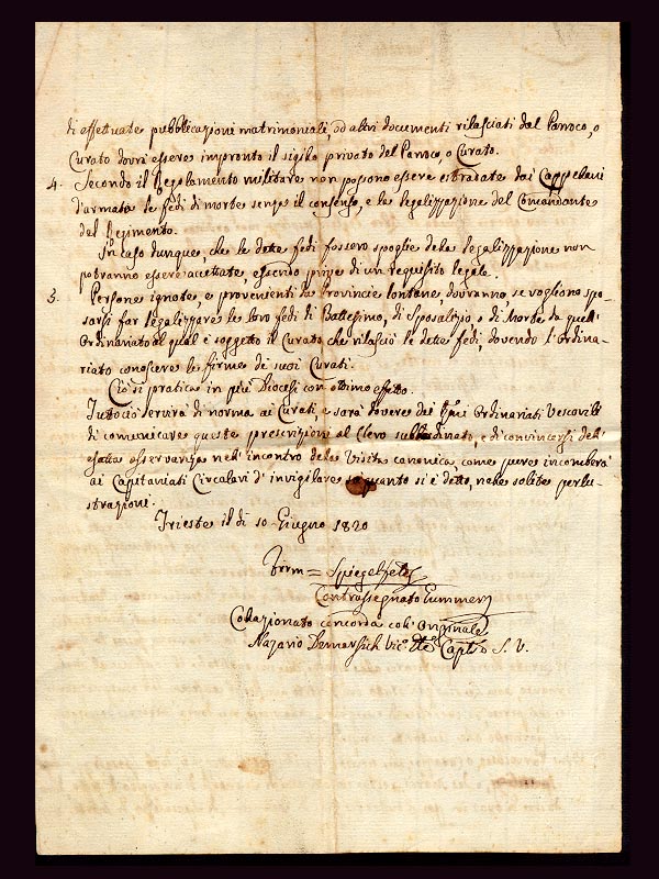 decreto 10739 del 10 giugno 1820 sui matrimoni - retro